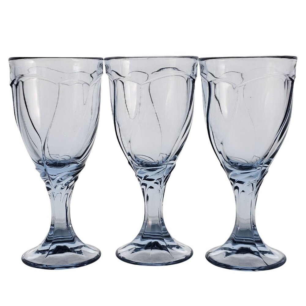3 Noritake Sweet Swirl Wine Glasses Lt Blue 6.75" goblet vtg Japan 80s glassware
